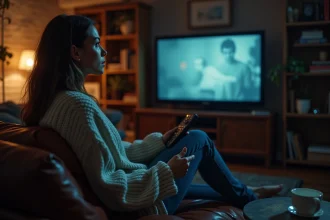 Femme captivée devant sa télévision regardant une série Netflix dans son salon