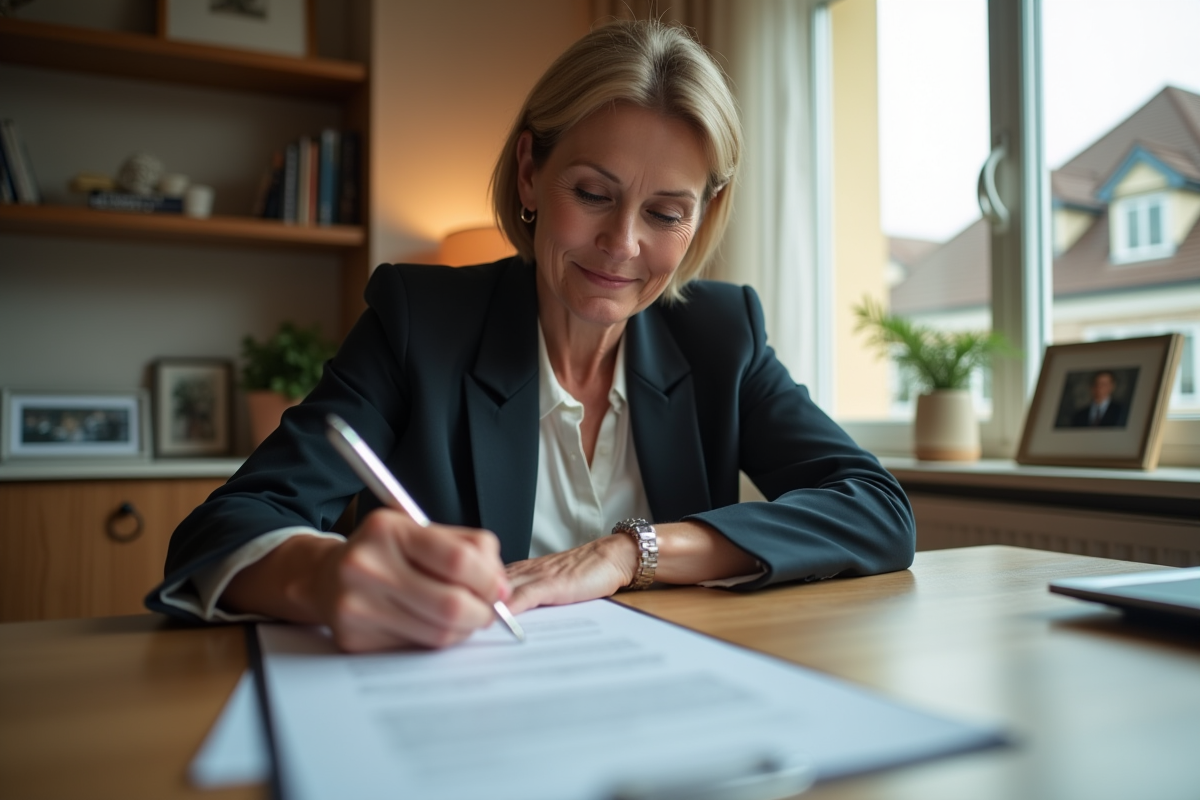 Femme signant un contrat de mortgage dans un bureau à domicile
