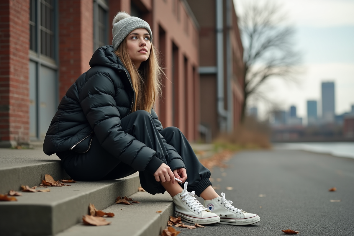 Jeune femme attachant ses sneakers sur les marches