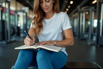 Jeune femme sportive note ses entraînements en salle