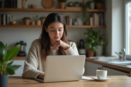 Jeune femme concentrée travaillant à la maison sur son ordinateur