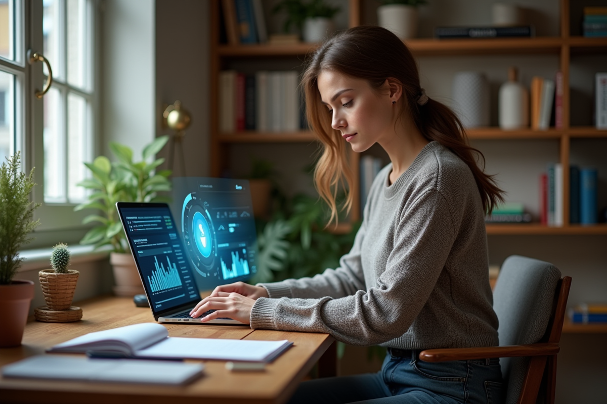 Jeune femme travaillant sur un ordinateur dans un bureau cosy