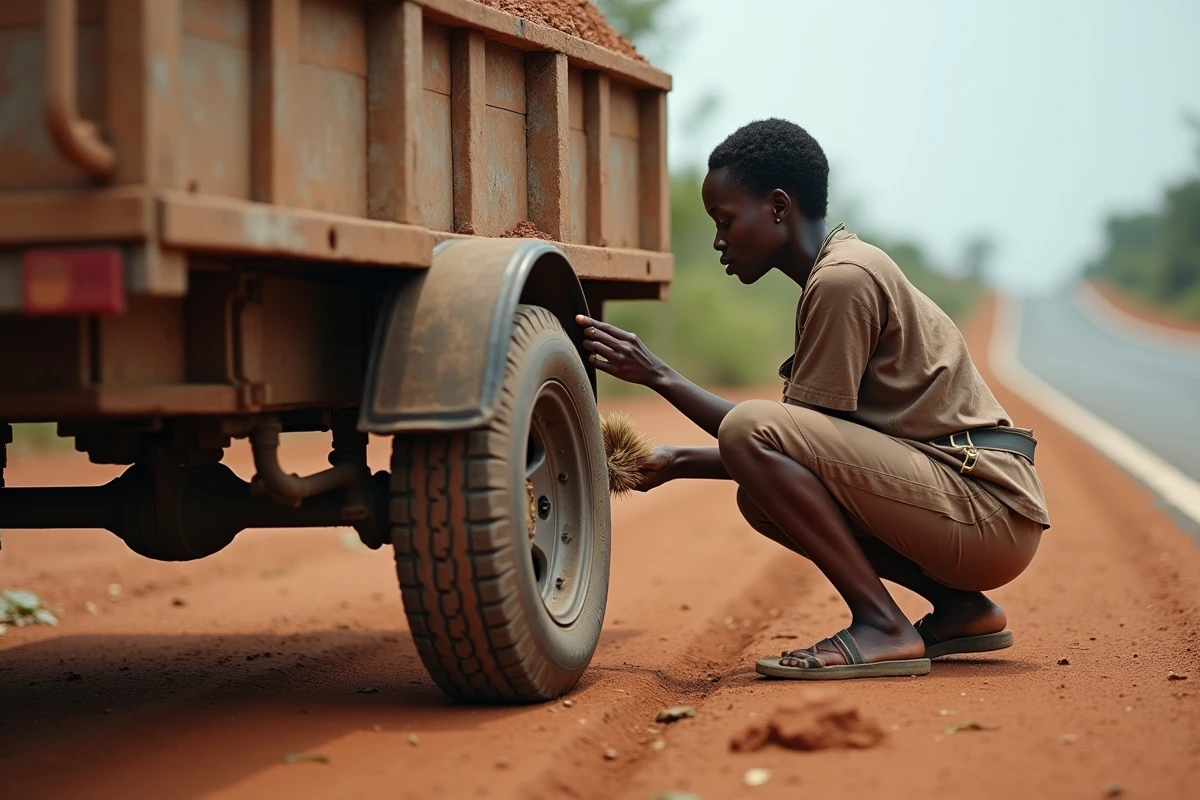 Jeune femme inspectant un pneu de remorque à Yamoussoukro