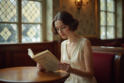 Femme élégante en robe silk vintage dans un café parisien