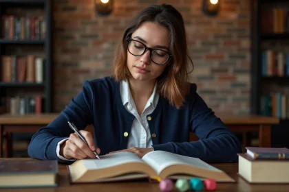 Femme réfléchie feuilletant un livre de jeu de rôle vintage