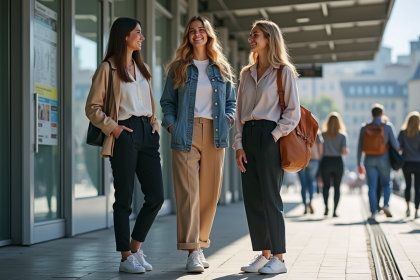 Trois femmes souriantes à un arrêt de tram urbain
