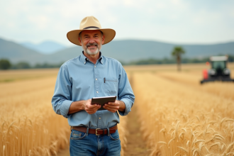 Paysage de fermier au blé doré avec tablette numérique
