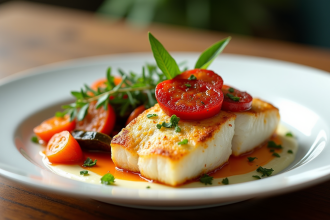 Assiette de filet de cod avec chorizo et légumes colorés