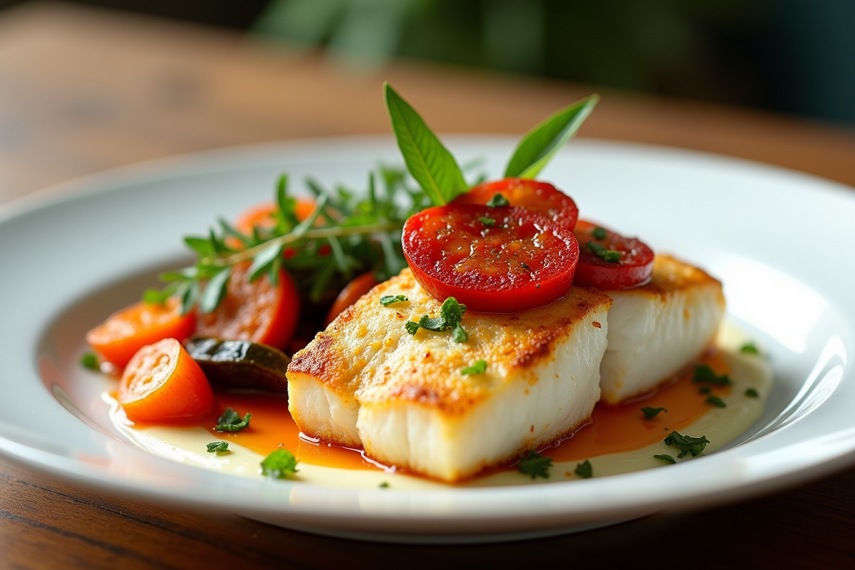 Assiette de filet de cod avec chorizo et légumes colorés
