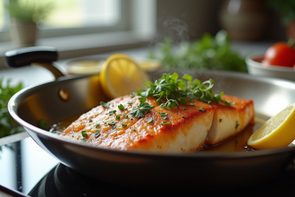 Filet de poisson cuit à la perfection dans une poêle en inox avec herbes et citron