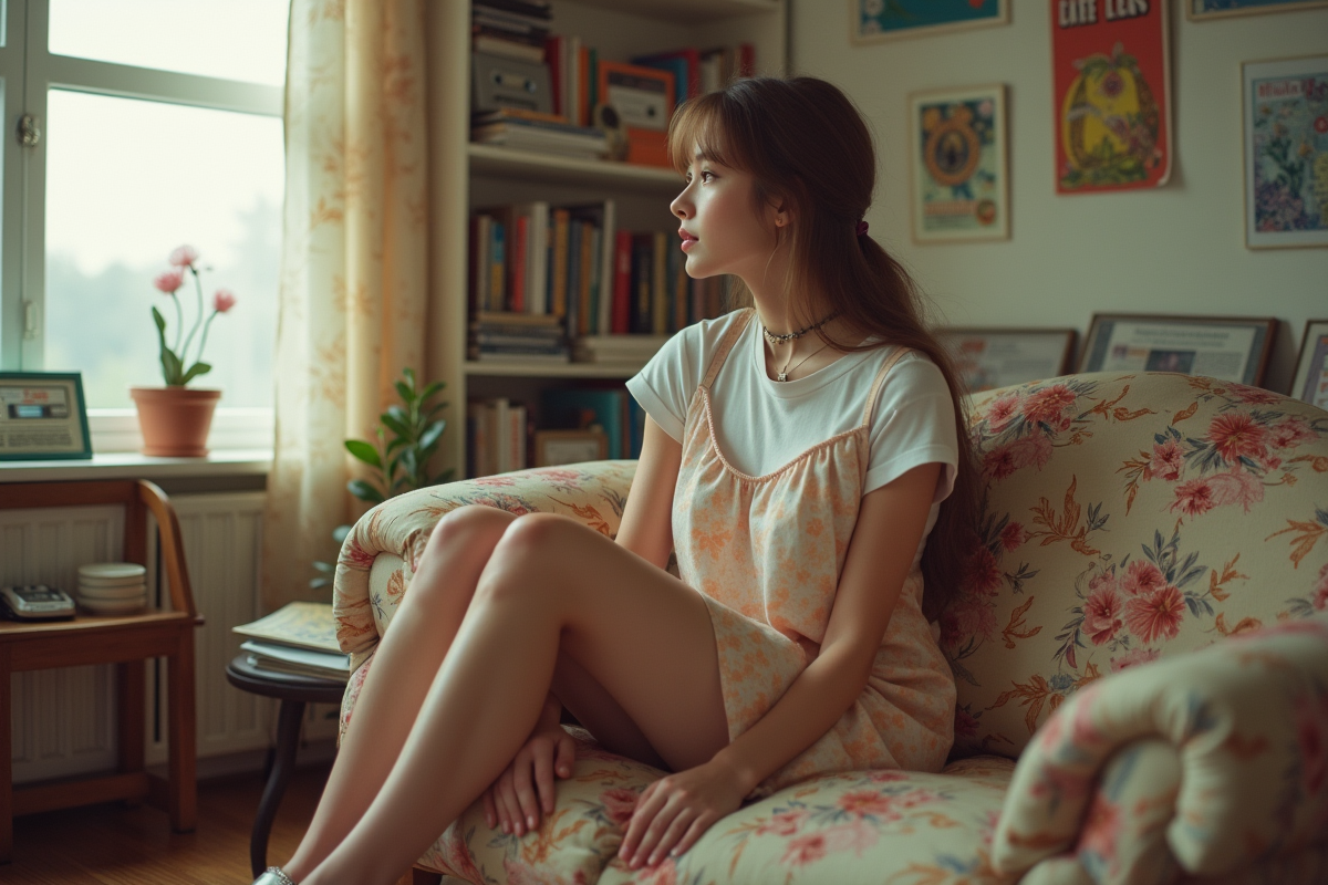 Jeune femme en robe pastel assise dans un salon rétro années 90