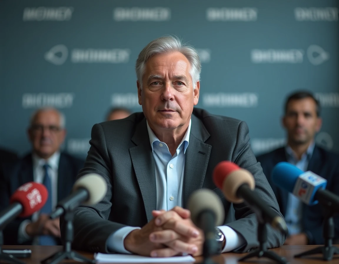 Homme face aux micros lors d'une conférence de presse, symbolisant le basculement de la vie privée vers l'exposition médiatique publique
