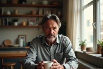 Homme discret assis seul dans sa cuisine, regard pensif, illustrant la sphère privée avant l'exposition médiatique