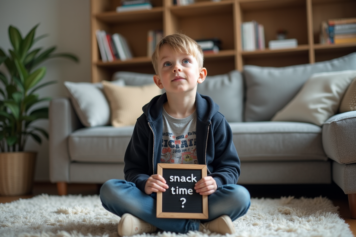 Garçon preteen tenant un tableau snack time dans le salon