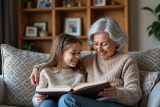 Une grand-mère souriante montre un album photo à sa petite fille