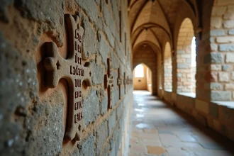 Détail de gravures templières sur pierre médiévale dans une chapelle gothique, croix et inscriptions latines érodées par les siècles