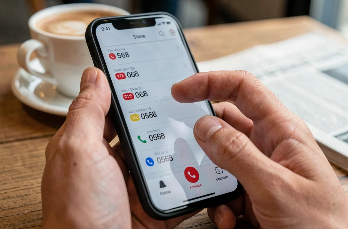 Gros plan d'un smartphone affichant une liste d'appels avec des numéros en 05 68 dans un café