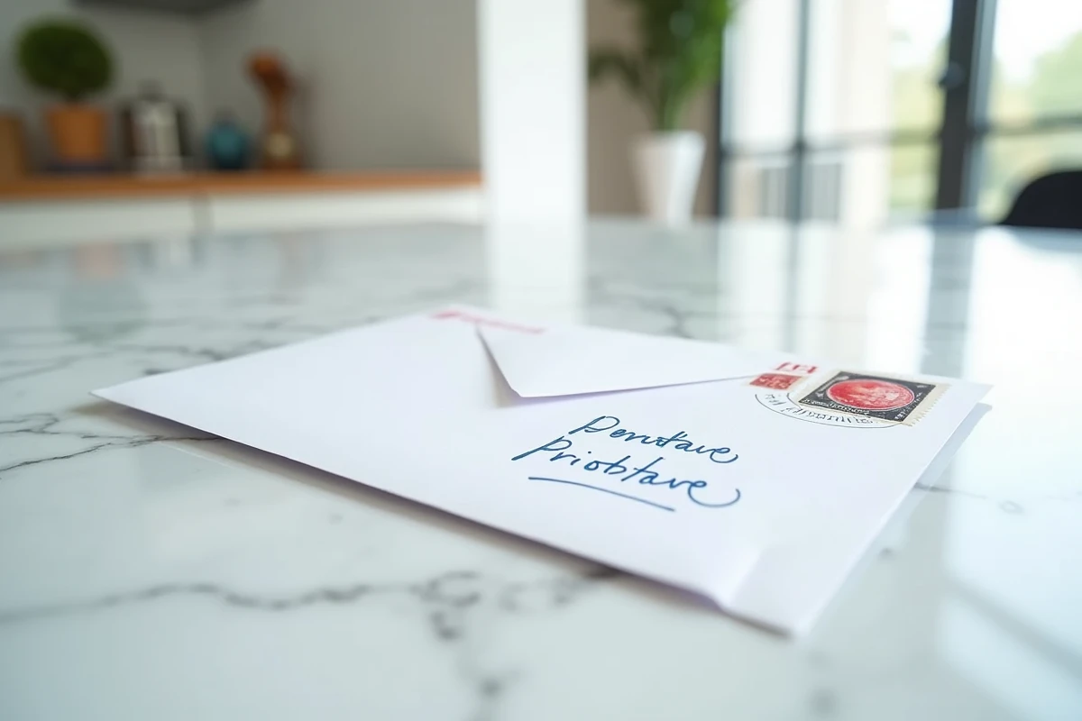 Gros plan d'une enveloppe prioritaire avec timbre collé dans le coin supérieur droit et adresse manuscrite