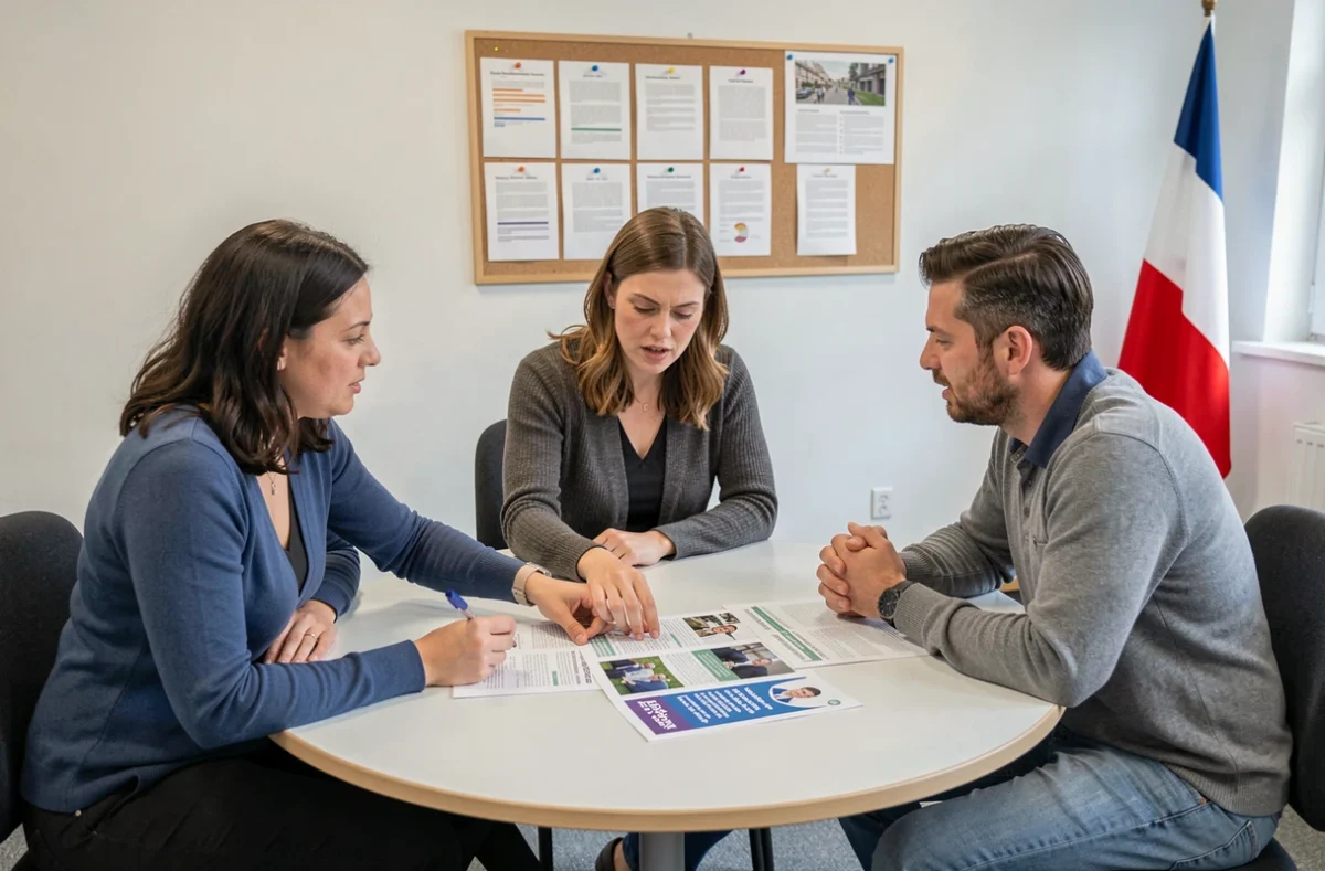 Groupe de citoyens discutant d'un guide d'orientation politique républicaine lors d'une réunion associative