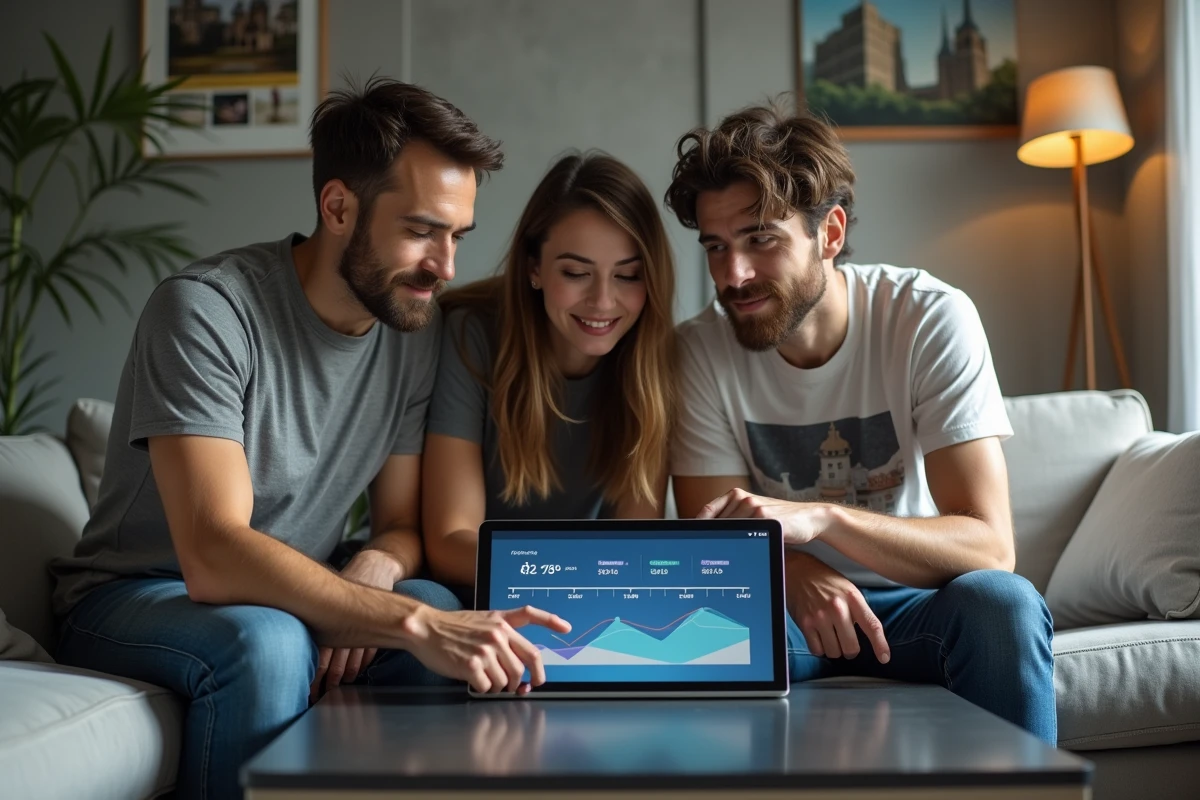 Groupe d'adultes discutant d'une chronologie de dates sur une tablette tactile dans un salon moderne