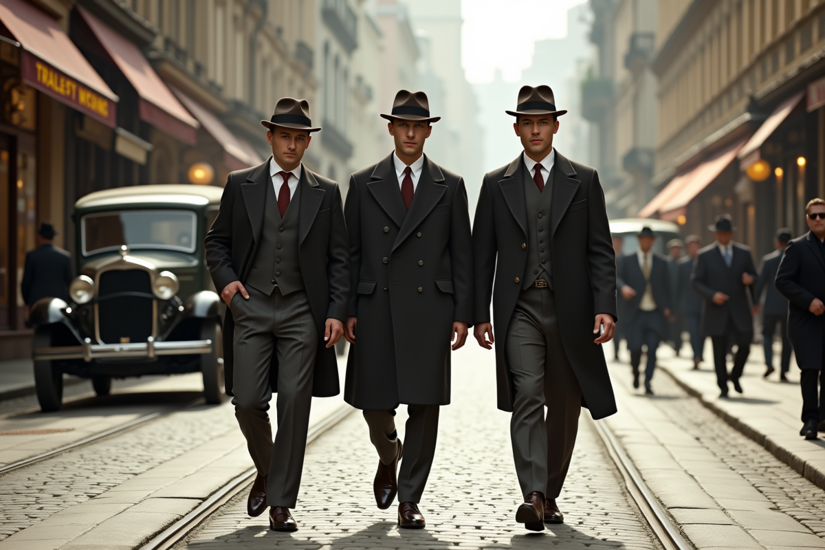 Trois hommes en costume dans une rue animée des années 1930