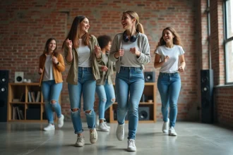 Groupe de jeunes adultes dansant dans un loft industriel