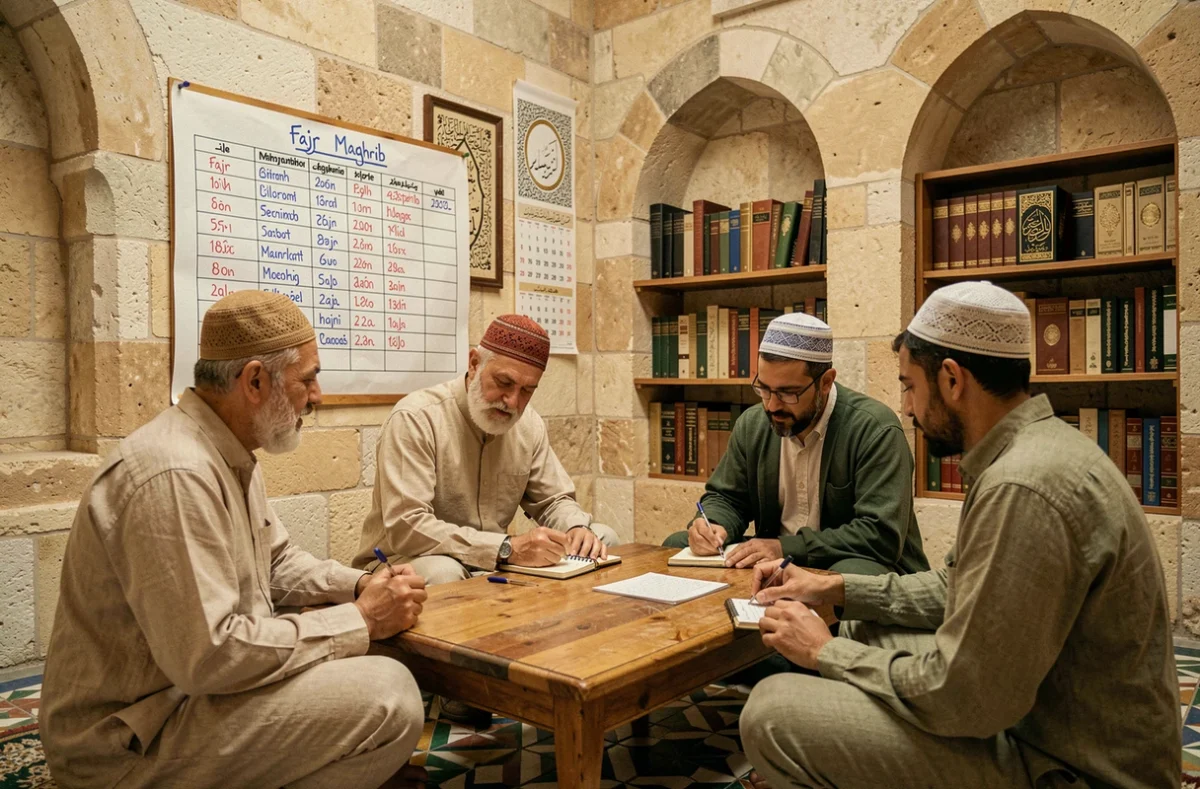 Groupe d'hommes musulmans étudiant les horaires de prière du Ramadan dans une mosquée de Lyon