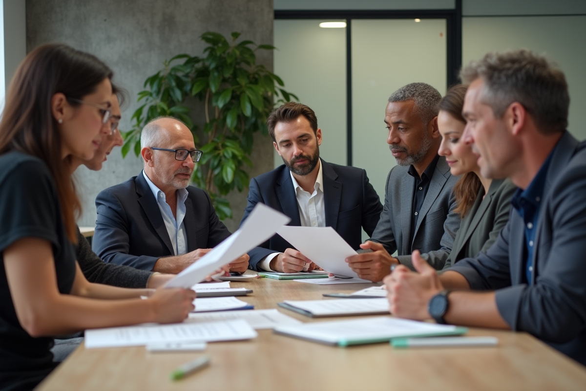 Groupe diversifié de professionnels en réunion collaborative