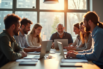 Groupe de personnes diverses travaillant en équipe dans un espace lumineux