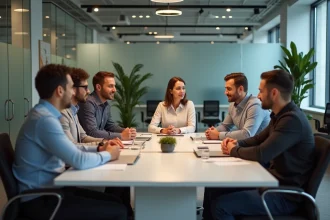 Groupe de collègues en réunion dans un bureau moderne