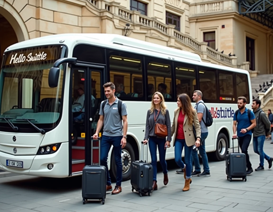 Navette blanche Hello Shuttle devant la gare Saint-Charles de Marseille avec des passagers embarquant leurs valises