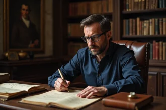 Historien passionné lisant une lettre napoléonienne générée par ordinateur dans un bureau d'époque rempli de livres et de documents anciens