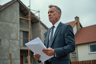 Homme d affaires avec documents devant construction inachevee