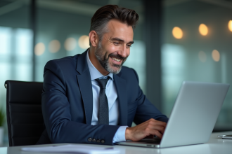 Homme d'affaires confiant travaillant sur un ordinateur moderne