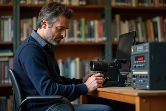 Homme dans une salle d'archives vintage avec caméscope ancien