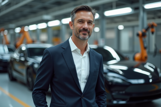 Homme d'affaires devant une ligne de voitures électriques modernes