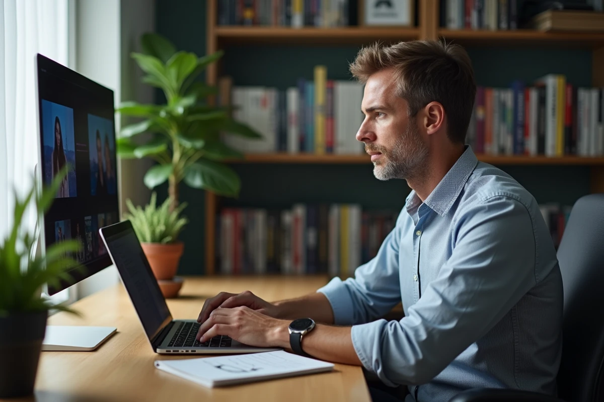 Homme rédigeant un avis sur une série Netflix à son bureau à domicile