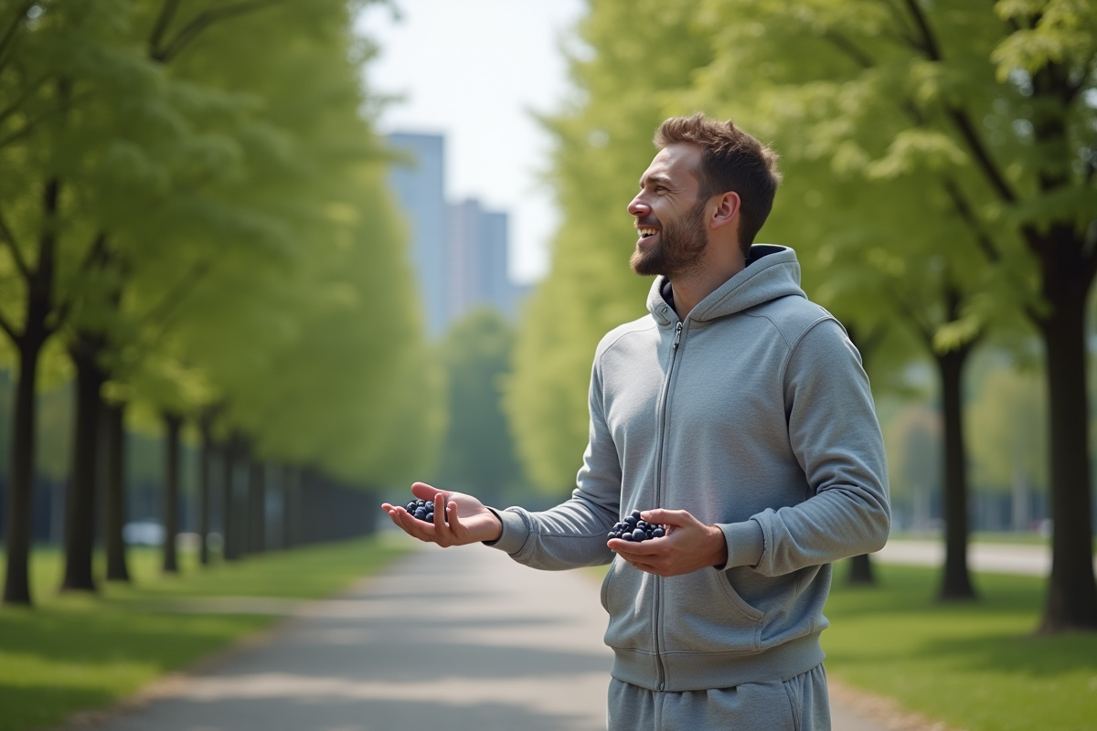 Homme sportif tenant des myrtilles dans un parc urbain