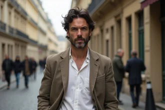 Portrait d'un homme élégant et charismatique dans les rues de Paris, illustrant la vie sentimentale de Thomas Dutronc