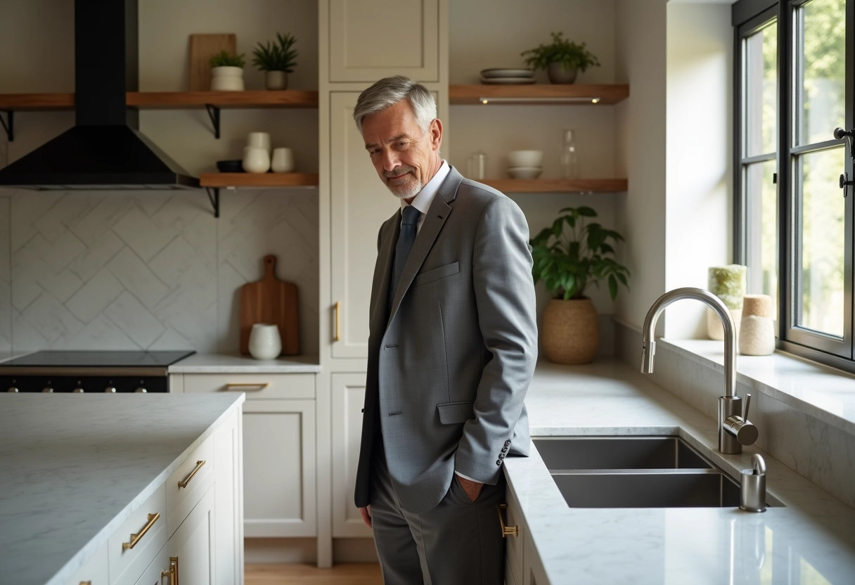 Homme en costume dans une cuisine haut de gamme