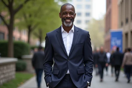 Homme élégant en costume navy lors d'un événement culturel