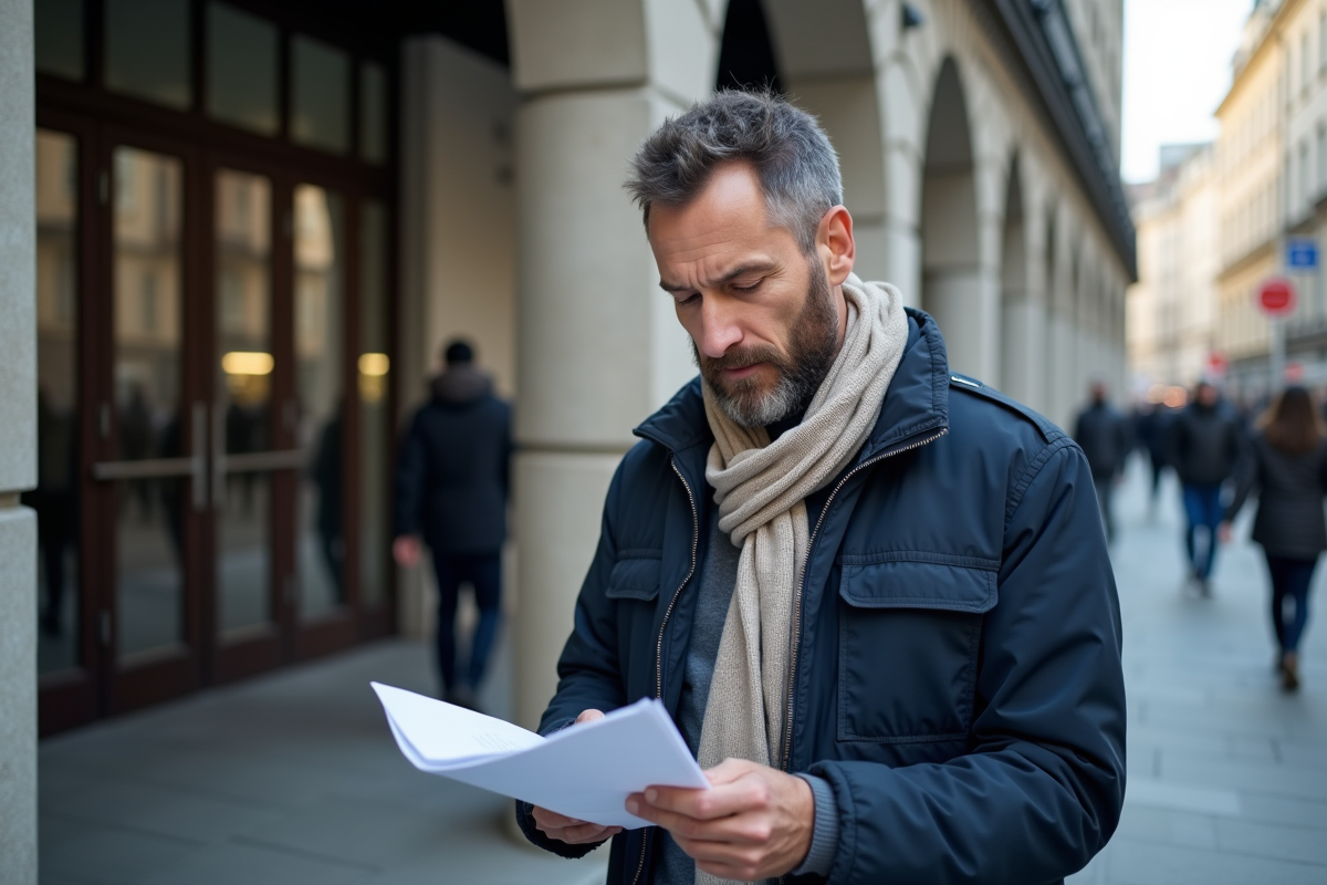 Homme vérifiant des documents devant un bâtiment municipal