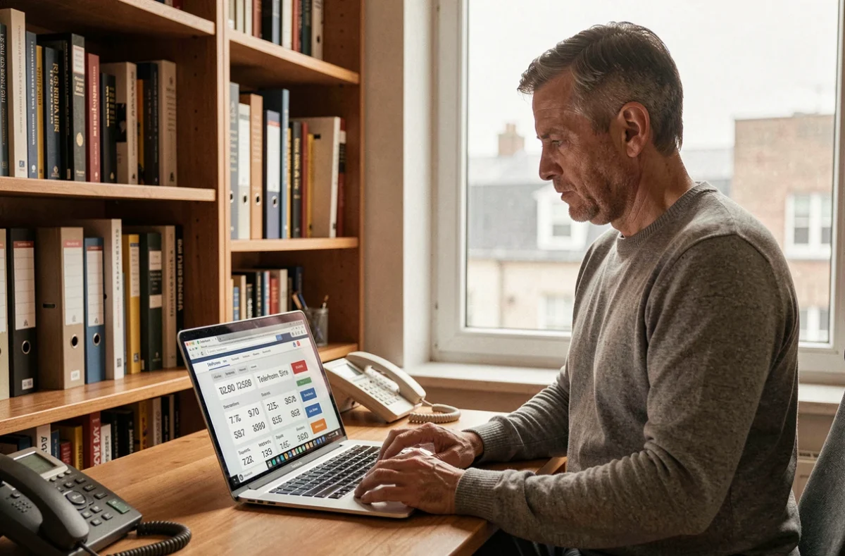 Homme à domicile comparant les numéros de téléphone commençant par 05 68 sur un ordinateur portable