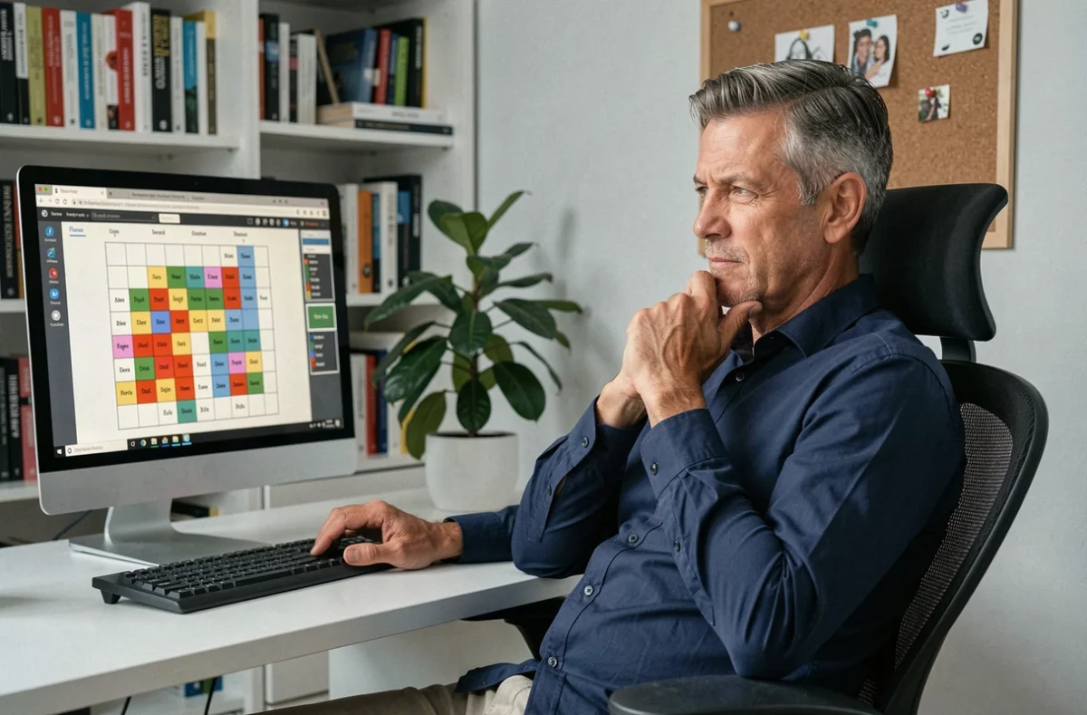 Homme adulte absorbé par un jeu de lettres sur ordinateur de bureau, représentant les mécaniques addictives de Sutom