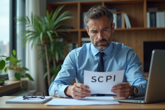 Homme d'âge moyen lisant un document SCPI dans un bureau moderne