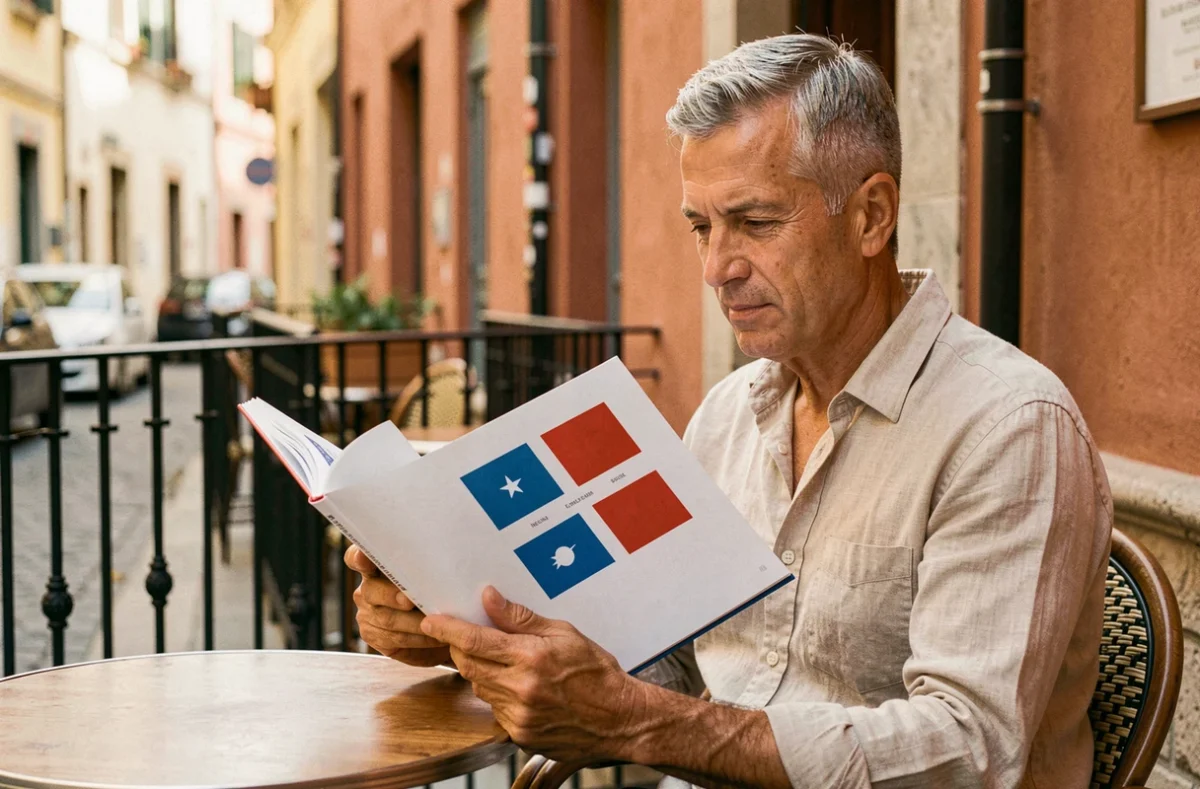 Homme consultant un livre de référence sur les drapeaux bleus et rouges en terrasse de café