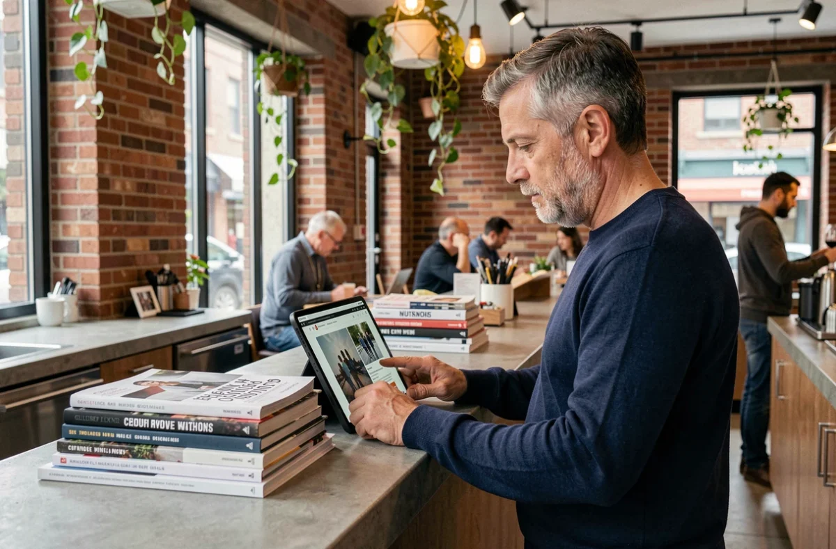 Homme lisant un site de média culturel sur une tablette dans un café urbain moderne aux murs en briques