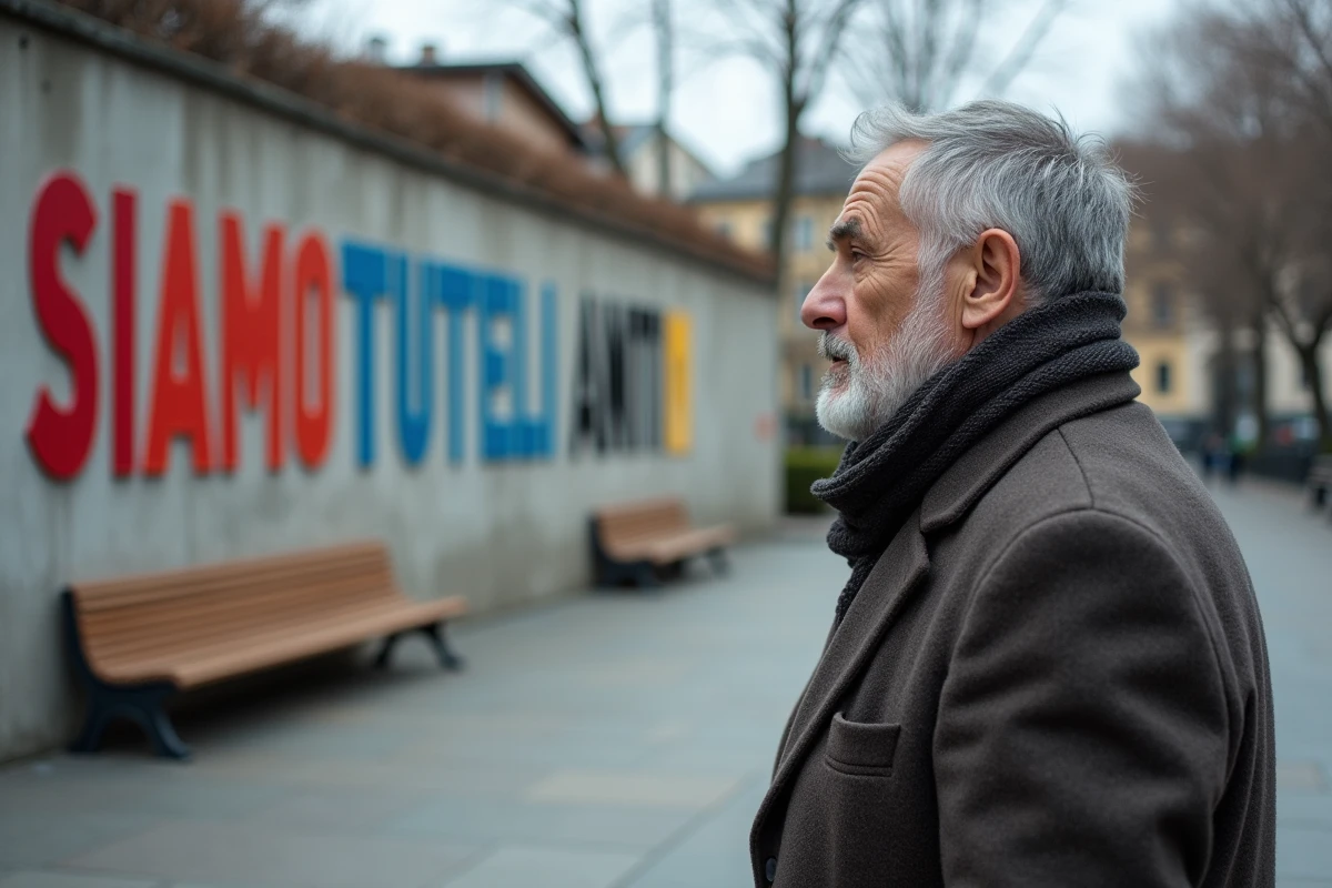 Homme âgé observant un mural avec message antii