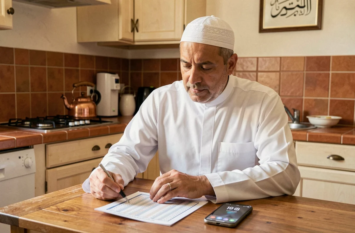 Homme musulman consultant l'horaire du Ramadan sur une table en bois dans un appartement lyonnais