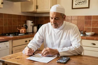 Homme musulman consultant l'horaire du Ramadan sur une table en bois dans un appartement lyonnais